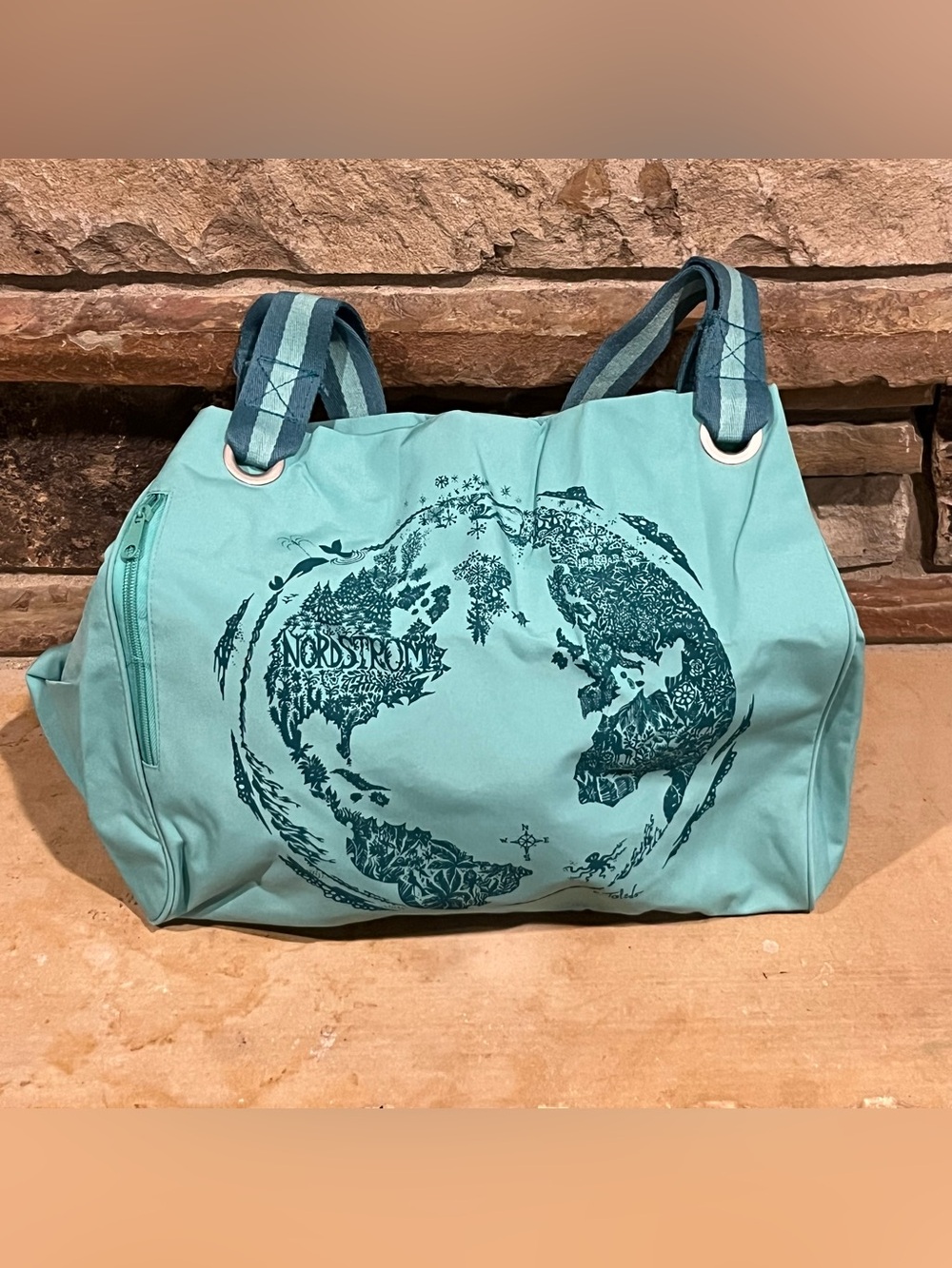 Nordstrom Eco-Chic Teal Globe Graphic Tote with Striped Handles